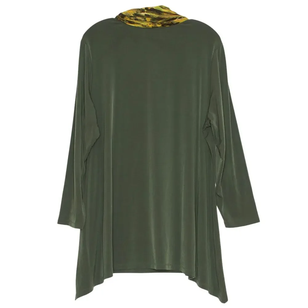 Susan Graver Tunic Top Liquid Knit Cowl Neck Green Plus Size 1X Olive Green Boho - Picture 2 of 7